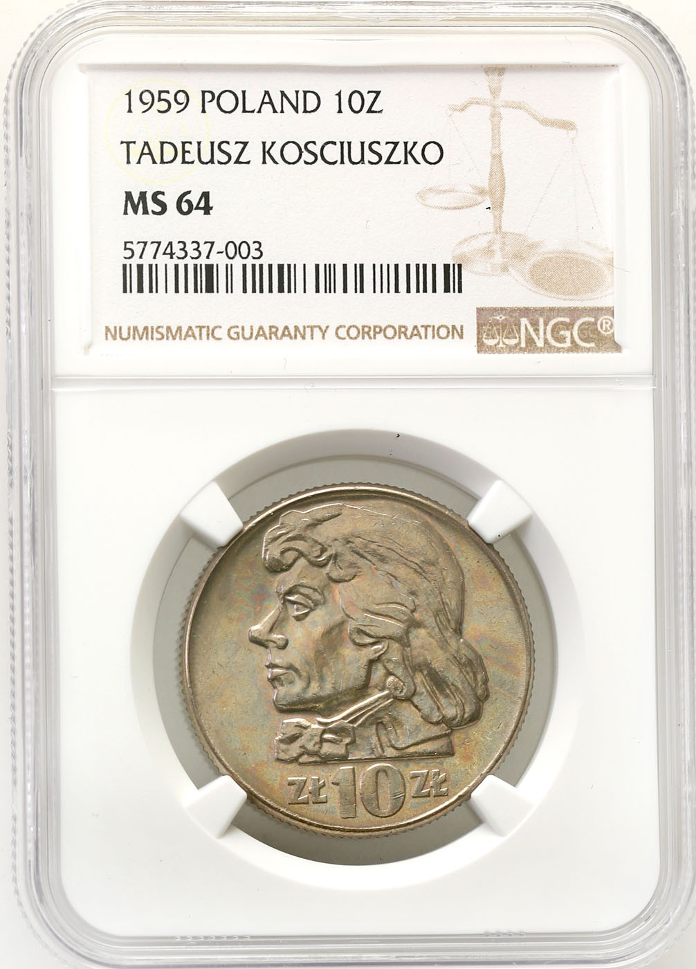 PRL. 10 złotych 1959 Kościuszko (bez znaku) NGC MS64